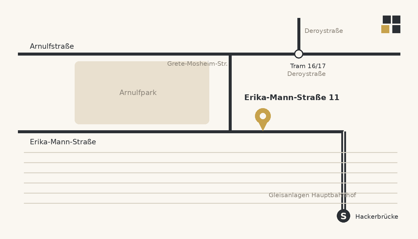 Lageplan: Kanzlei in der Erika-Mann-Straße 11, zwischen Arnulfpark und Hackerbrücke